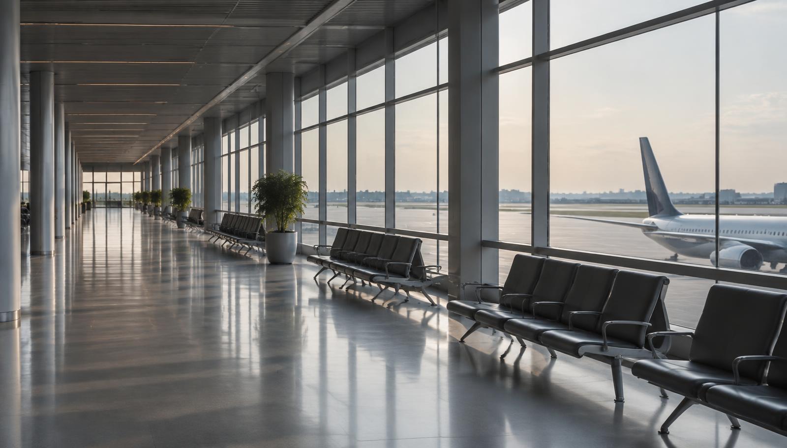 A quiet, empty airport departure corridor lit by soft daylight, evoking extended time spent travelling abroad